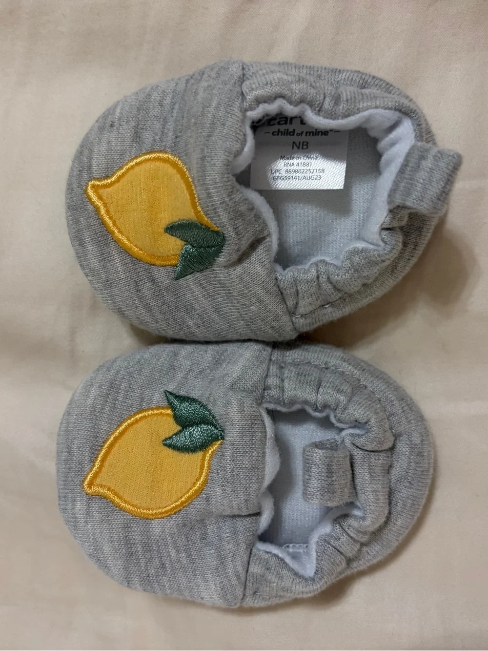 child of mine Gray Baby Booties with Yellow Lemon Patch